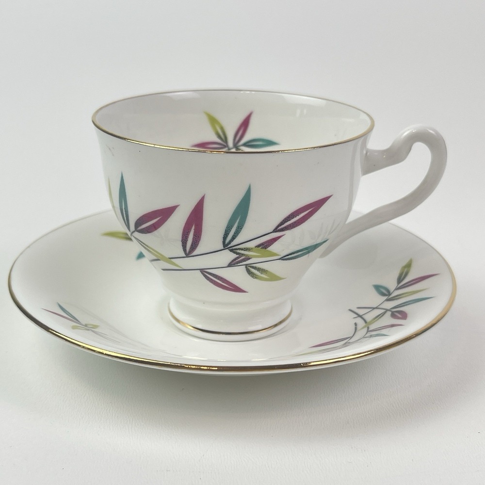 Vintage Royal Imperial Tea Cup With Saucer  England Gold Rim Art Deco Leaves